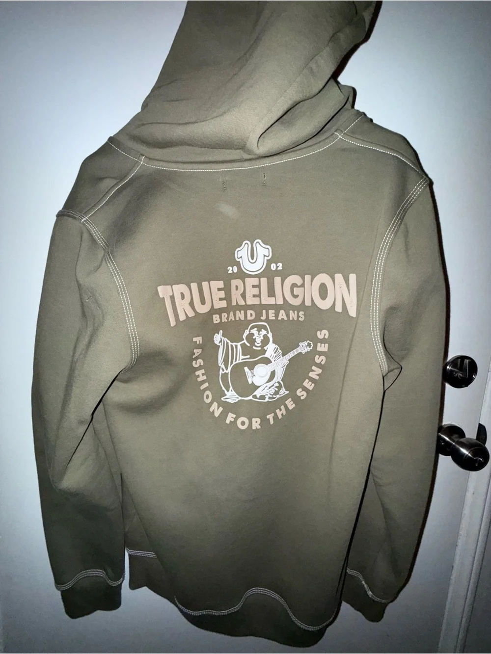 True Religion Olive Zip-Up Hoodie with Contrast Stitching